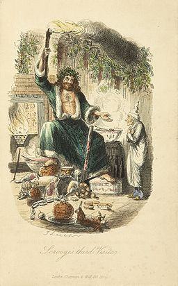 The Ghost of Christmas Present, from the original 1843 edition of Charles Dickens, A Christmas Carol. https://commons.wikimedia.org/w/index.php?curid=4582990 (public domain).